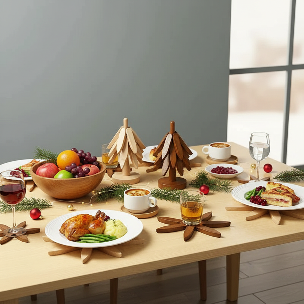 (3-Trivets in 1-Tree) Wooden Christmas Tree Trivet Stand