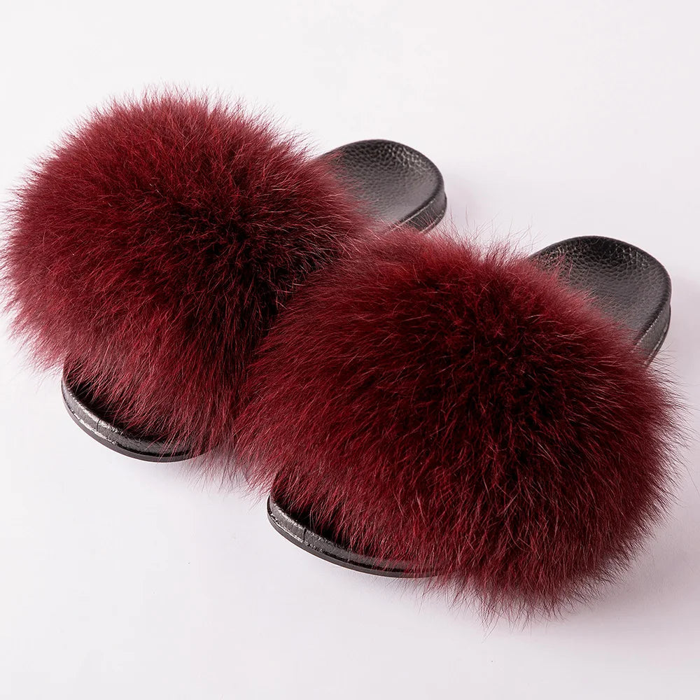 Women's Fox Fur Luxury Slides – Summer Furry Slippers