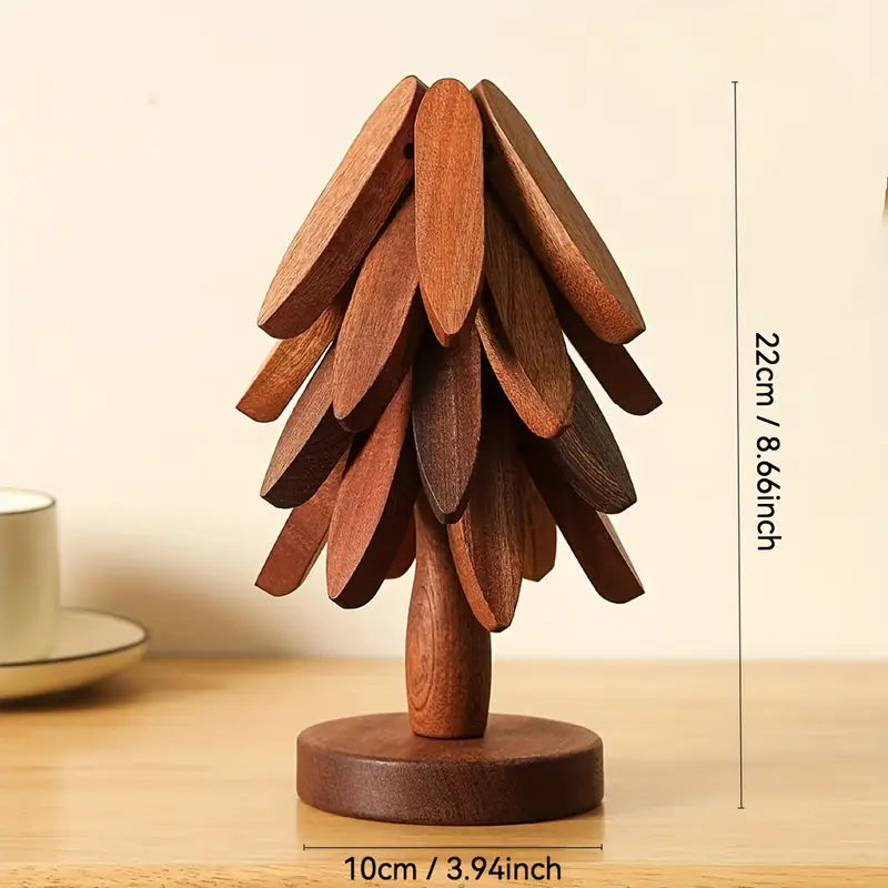 (3-Trivets in 1-Tree) Wooden Christmas Tree Trivet Stand
