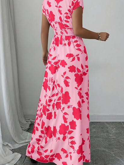 Flory' Elegant Pink Floral Maxi Dress