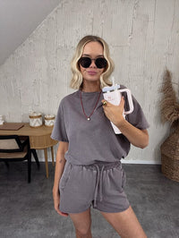 Women's Loose Washed Solid Color T-Shirt and Pants Sets