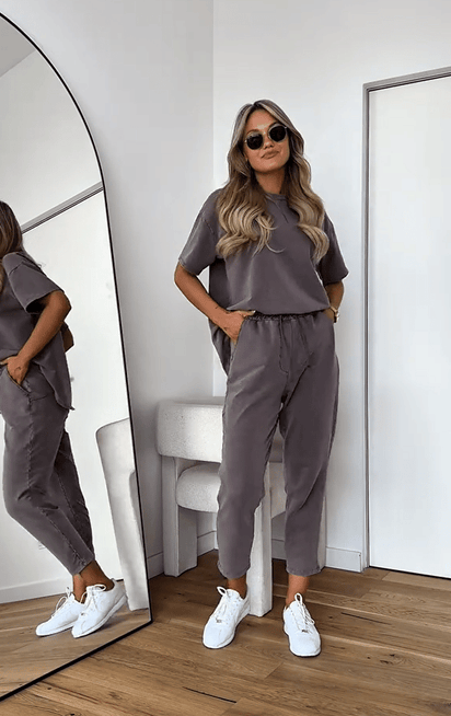 Women's Loose Washed Solid Color T-Shirt and Pants Sets