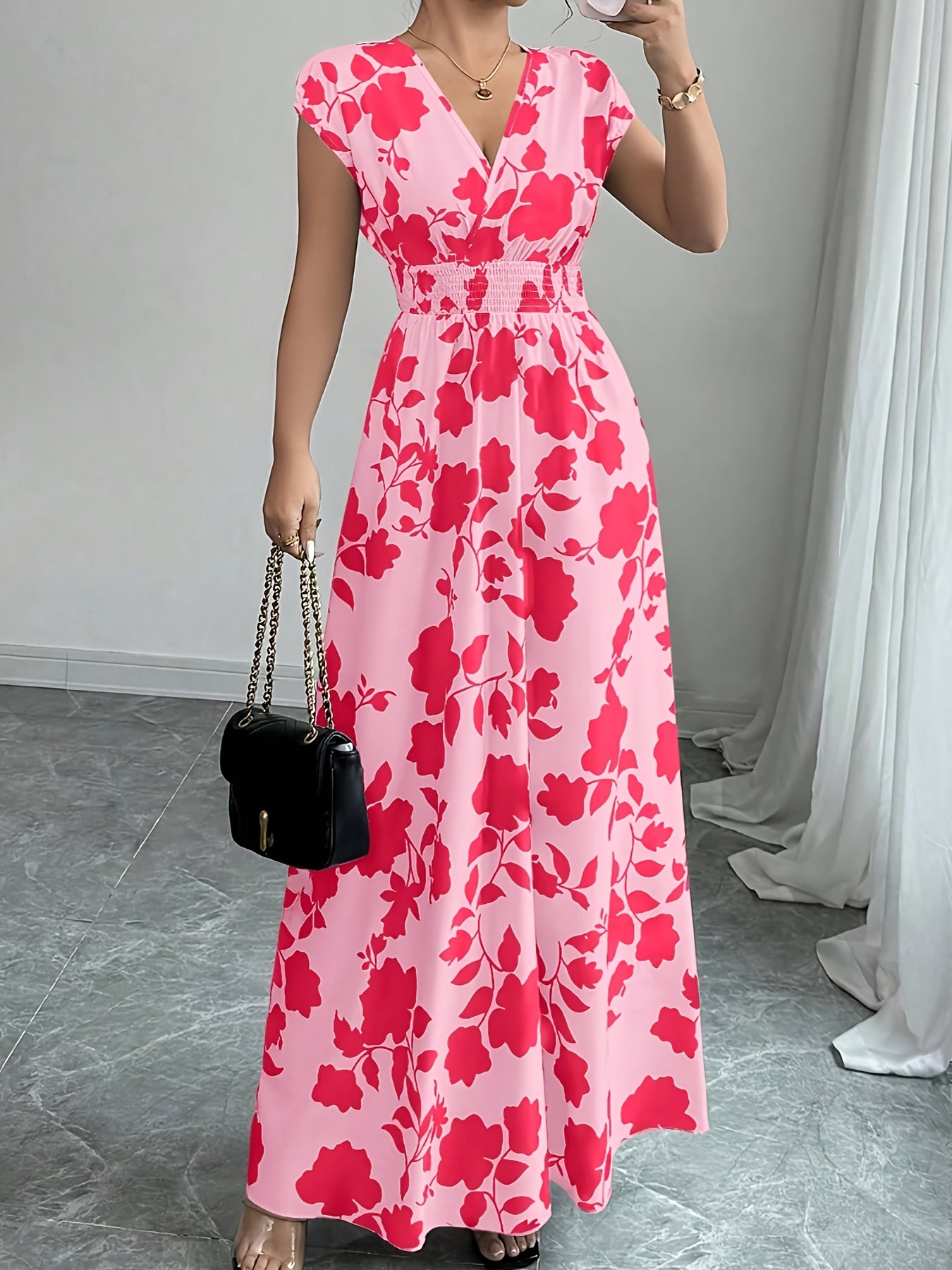 Flory' Elegant Pink Floral Maxi Dress