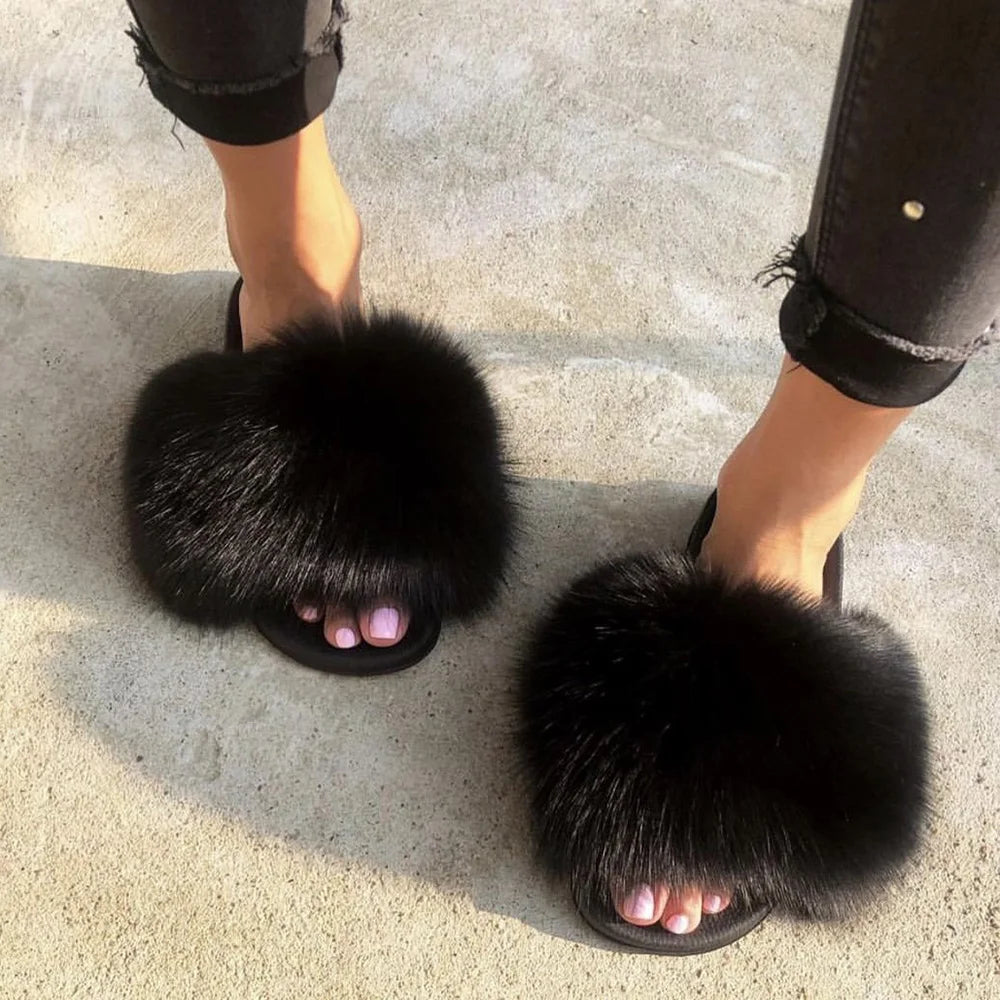 Women's Fox Fur Luxury Slides – Summer Furry Slippers
