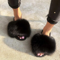Women's Fox Fur Luxury Slides – Summer Furry Slippers