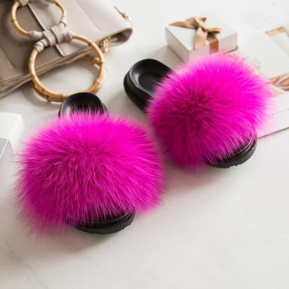 Women's Fox Fur Luxury Slides – Summer Furry Slippers