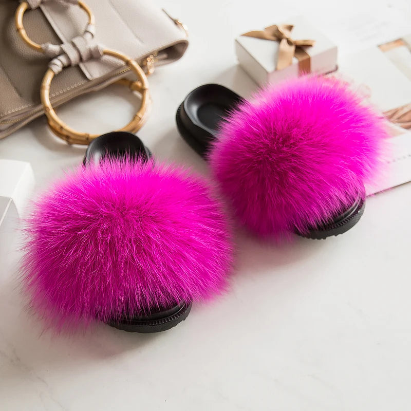 Women's Fox Fur Luxury Slides – Summer Furry Slippers