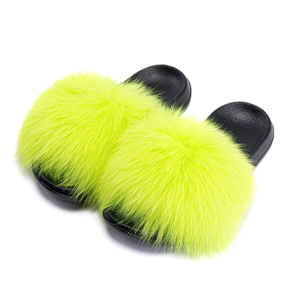 Women's Fox Fur Luxury Slides – Summer Furry Slippers