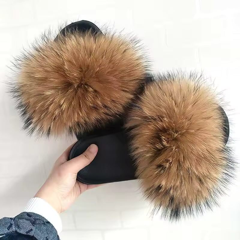 Women's Fox Fur Luxury Slides – Summer Furry Slippers