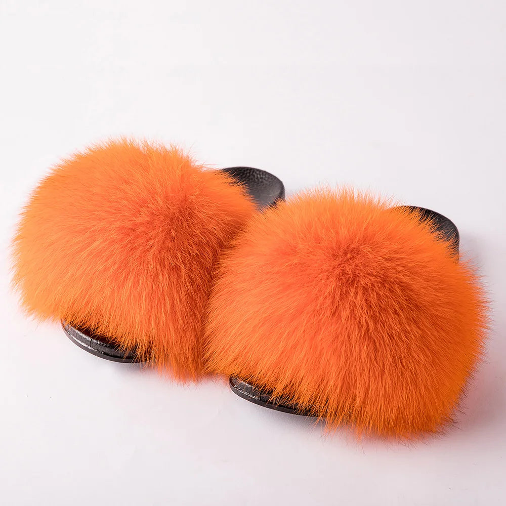 Women's Fox Fur Luxury Slides – Summer Furry Slippers