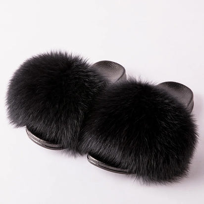 Women's Fox Fur Luxury Slides – Summer Furry Slippers