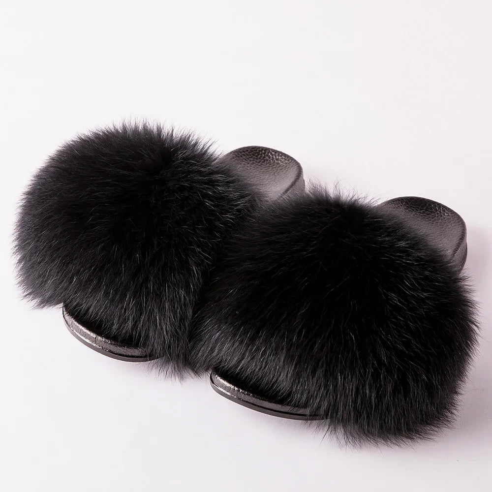 Women's Fox Fur Luxury Slides – Summer Furry Slippers