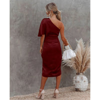Satin One-Shoulder Ruched Bodycon Midi Dress