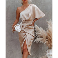 Satin One-Shoulder Ruched Bodycon Midi Dress