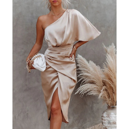 Satin One-Shoulder Ruched Bodycon Midi Dress