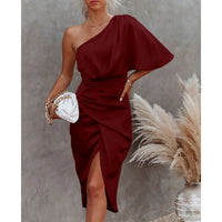 Satin One-Shoulder Ruched Bodycon Midi Dress