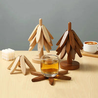 (3-Trivets in 1-Tree) Wooden Christmas Tree Trivet Stand