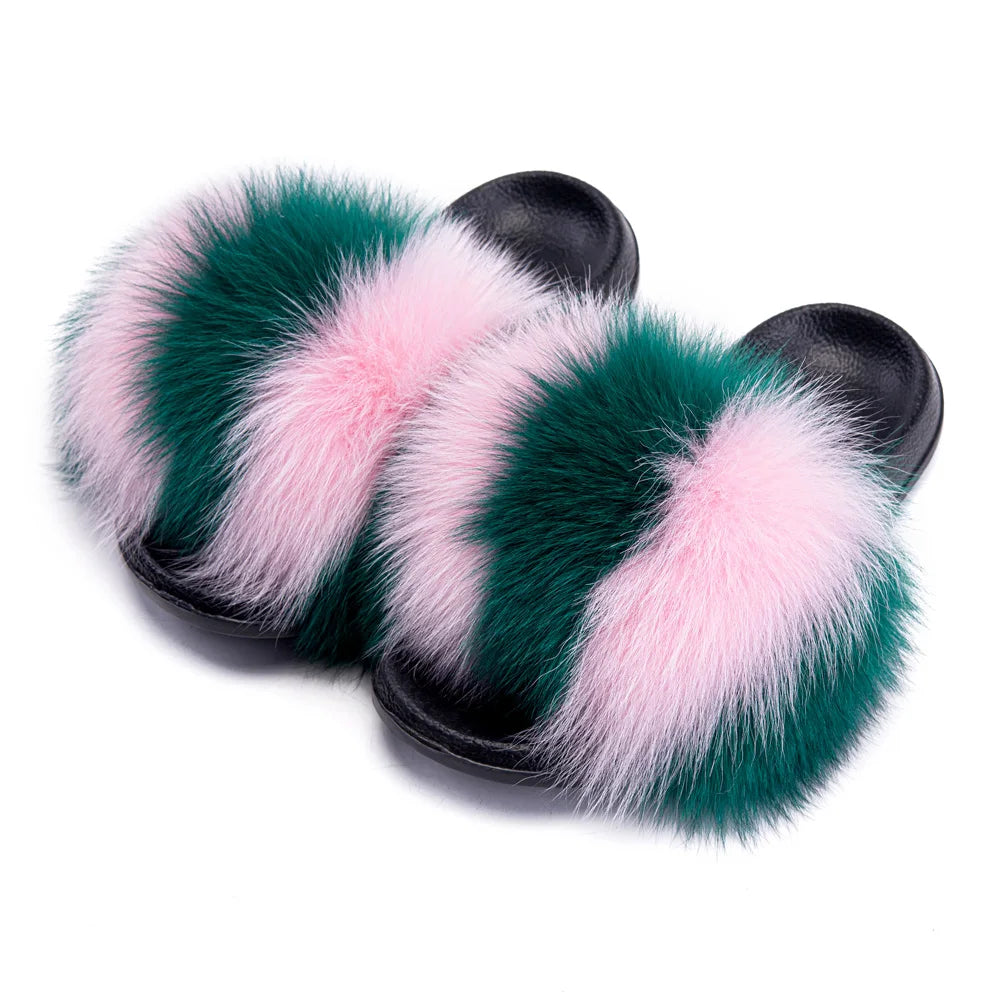 Women's Fox Fur Luxury Slides – Summer Furry Slippers