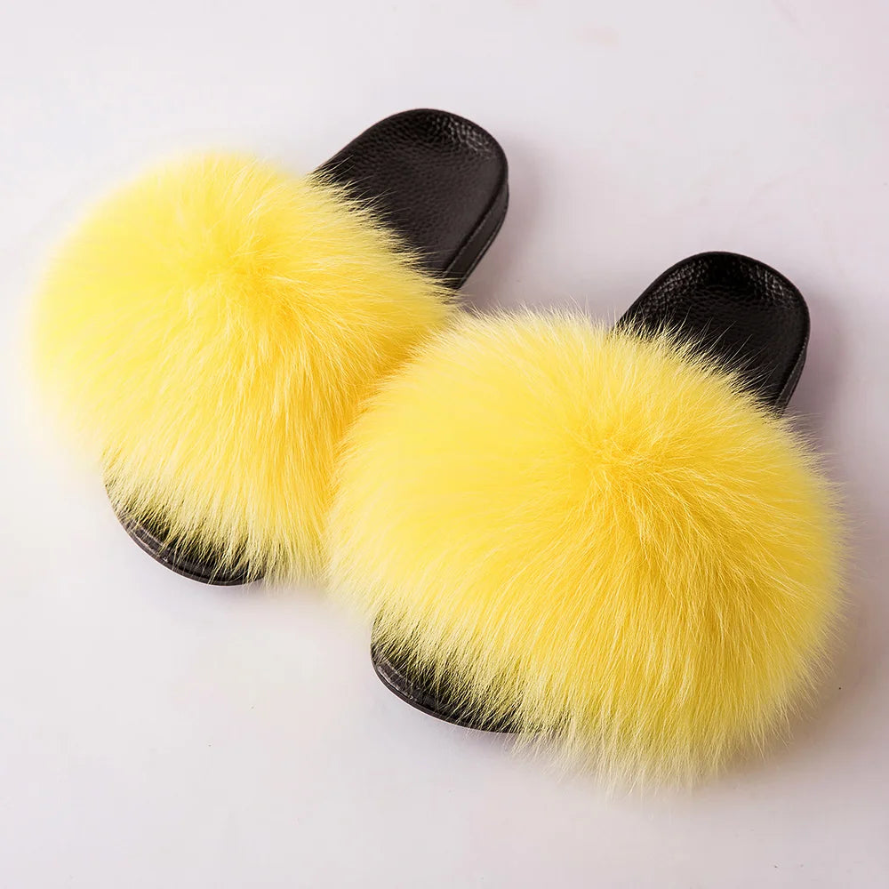 Women's Fox Fur Luxury Slides – Summer Furry Slippers