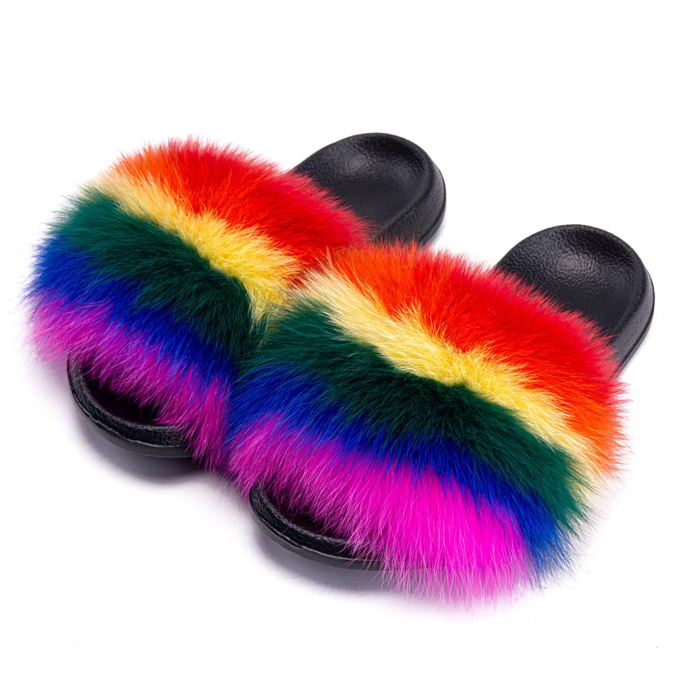 Women's Fox Fur Luxury Slides – Summer Furry Slippers