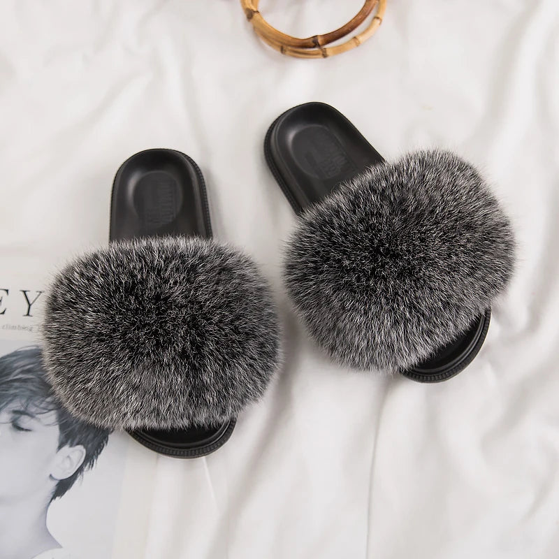 Women's Fox Fur Luxury Slides – Summer Furry Slippers