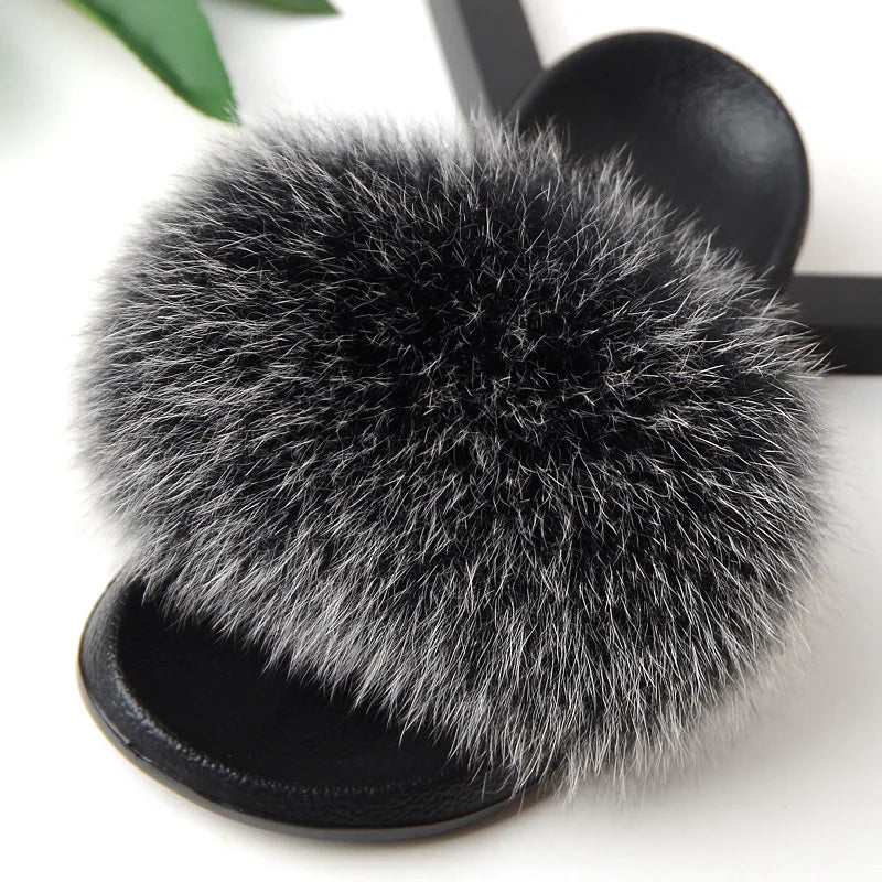 Women's Fox Fur Luxury Slides – Summer Furry Slippers