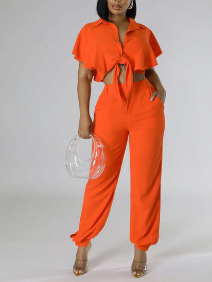 2-Piece Elegant Coral Outfit with Waist Tie