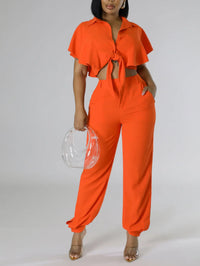 2-Piece Elegant Coral Outfit with Waist Tie