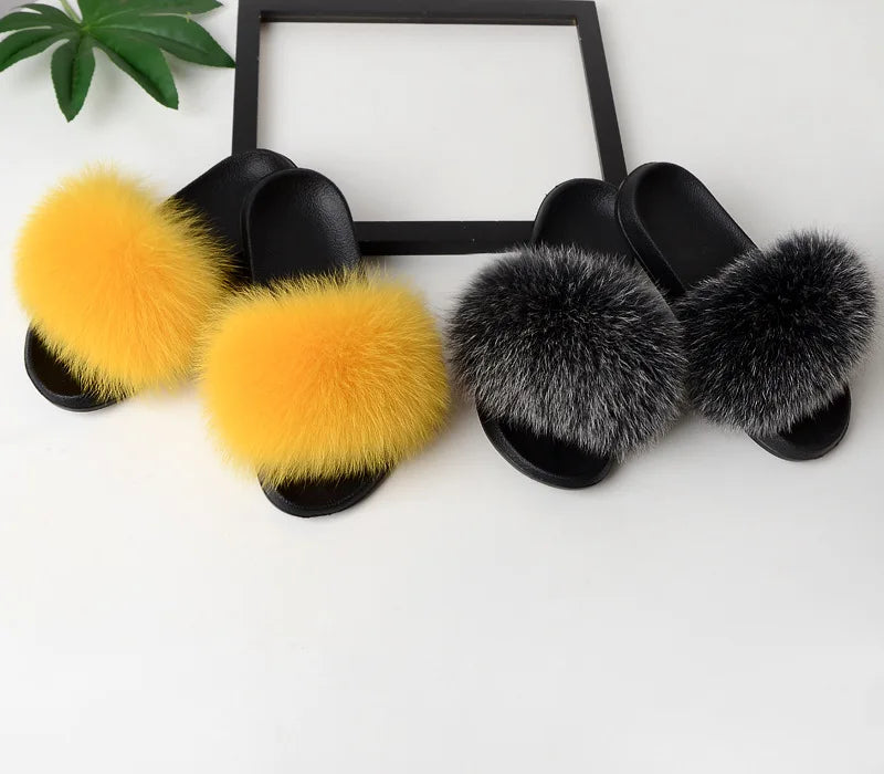 Women's Fox Fur Luxury Slides – Summer Furry Slippers