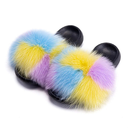 Women's Fox Fur Luxury Slides – Summer Furry Slippers