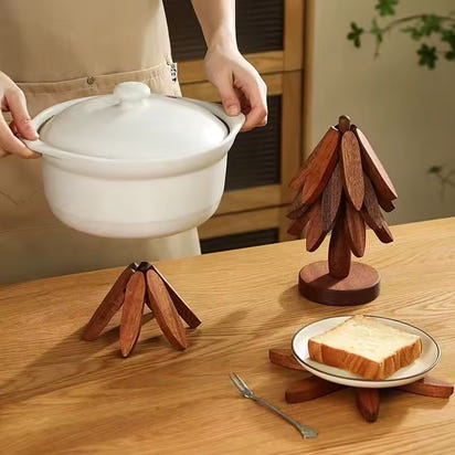 (3-Trivets in 1-Tree) Wooden Christmas Tree Trivet Stand