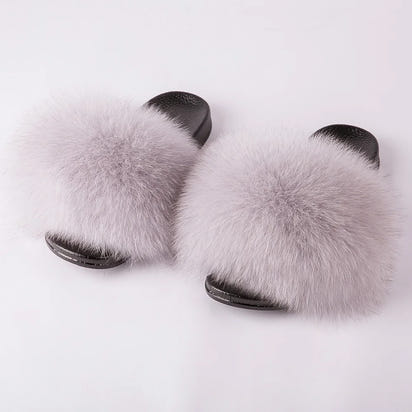 Women's Fox Fur Luxury Slides – Summer Furry Slippers