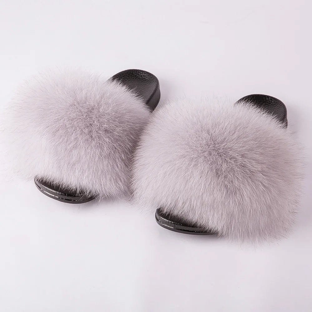 Women's Fox Fur Luxury Slides – Summer Furry Slippers