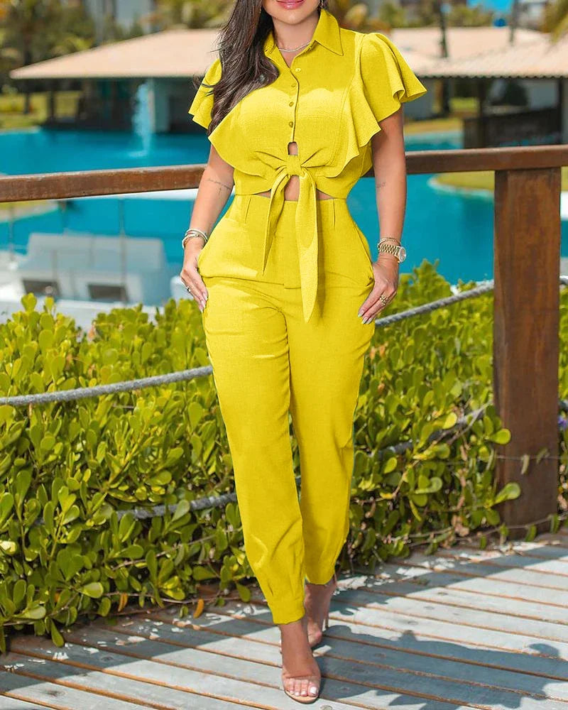 2-Piece Elegant Coral Outfit with Waist Tie