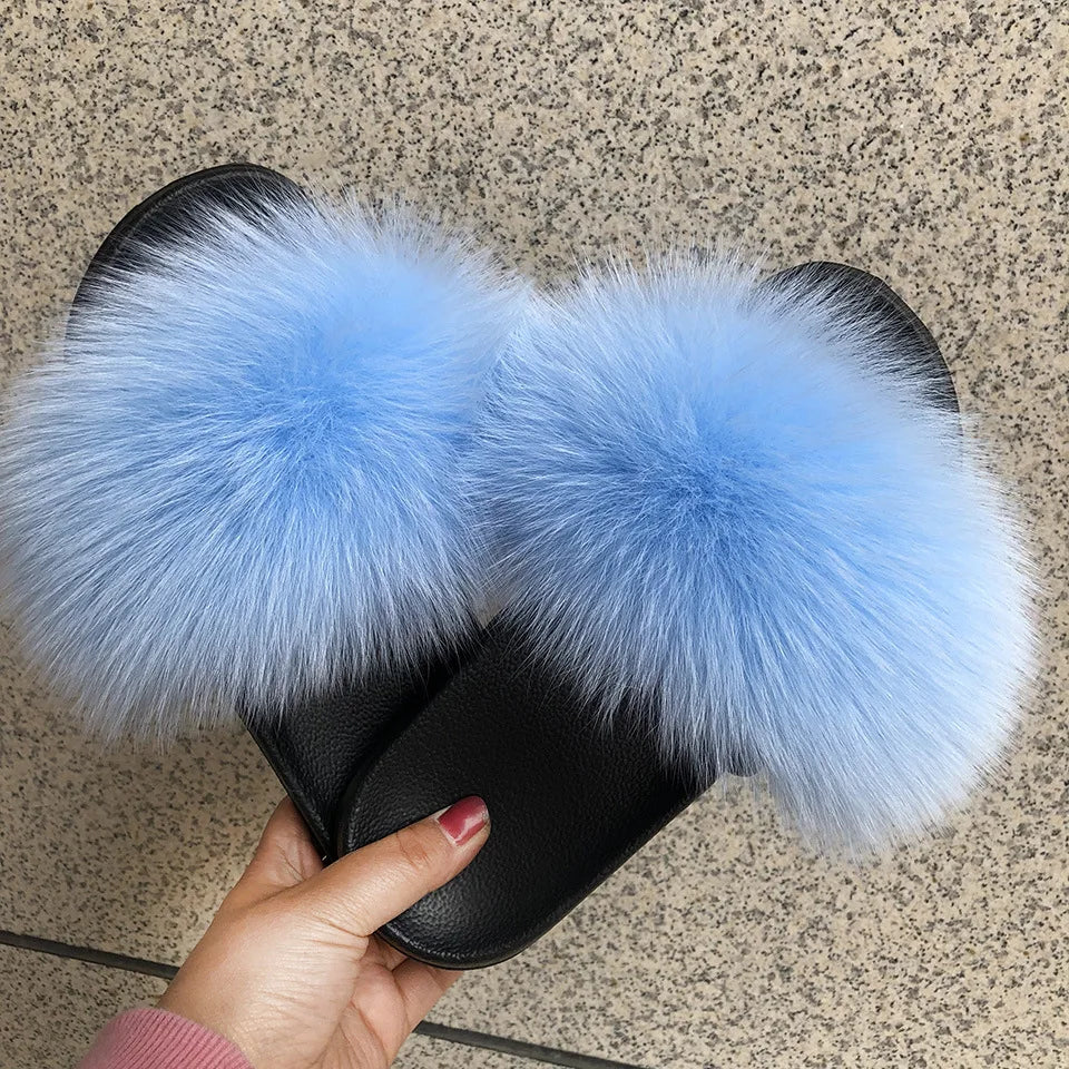 Women's Fox Fur Luxury Slides – Summer Furry Slippers