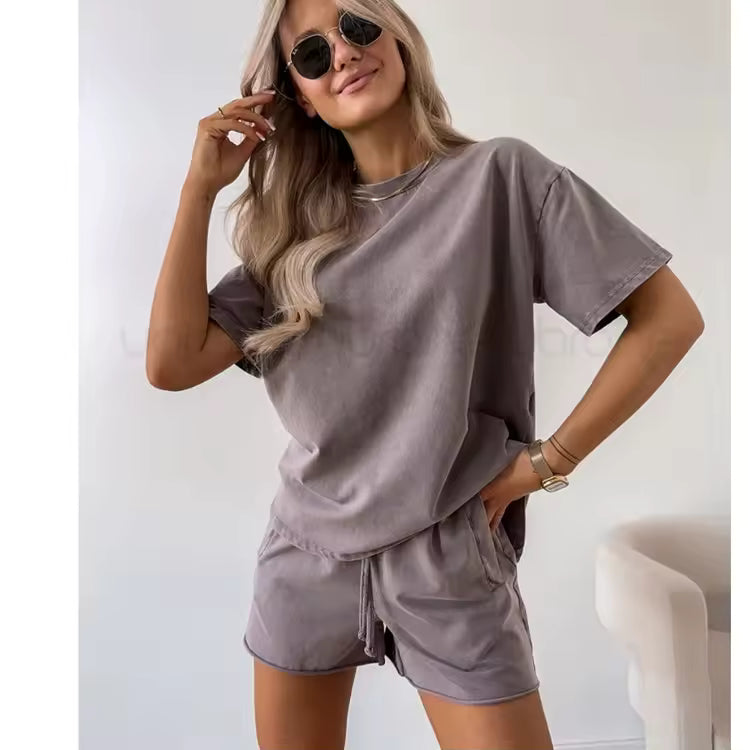 Women's Loose Washed Solid Color T-Shirt and Pants Sets