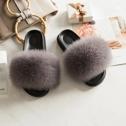 Women's Fox Fur Luxury Slides – Summer Furry Slippers