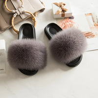 Women's Fox Fur Luxury Slides – Summer Furry Slippers