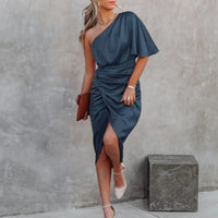 Satin One-Shoulder Ruched Bodycon Midi Dress