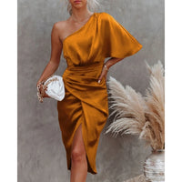 Satin One-Shoulder Ruched Bodycon Midi Dress