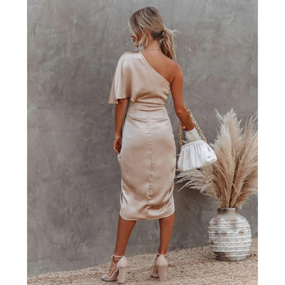 Satin One-Shoulder Ruched Bodycon Midi Dress