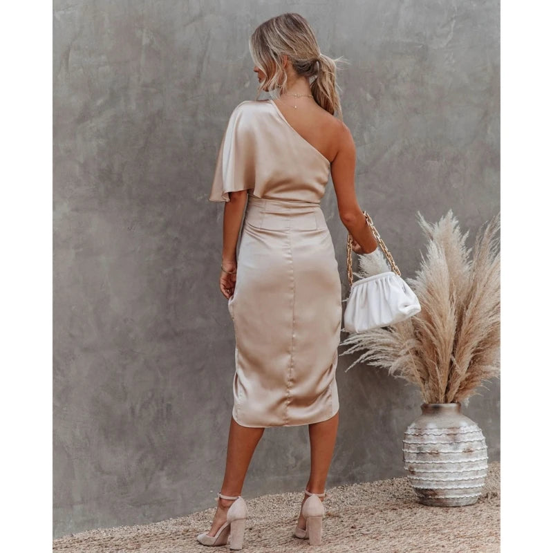 Satin One-Shoulder Ruched Bodycon Midi Dress