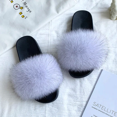 Women's Fox Fur Luxury Slides – Summer Furry Slippers