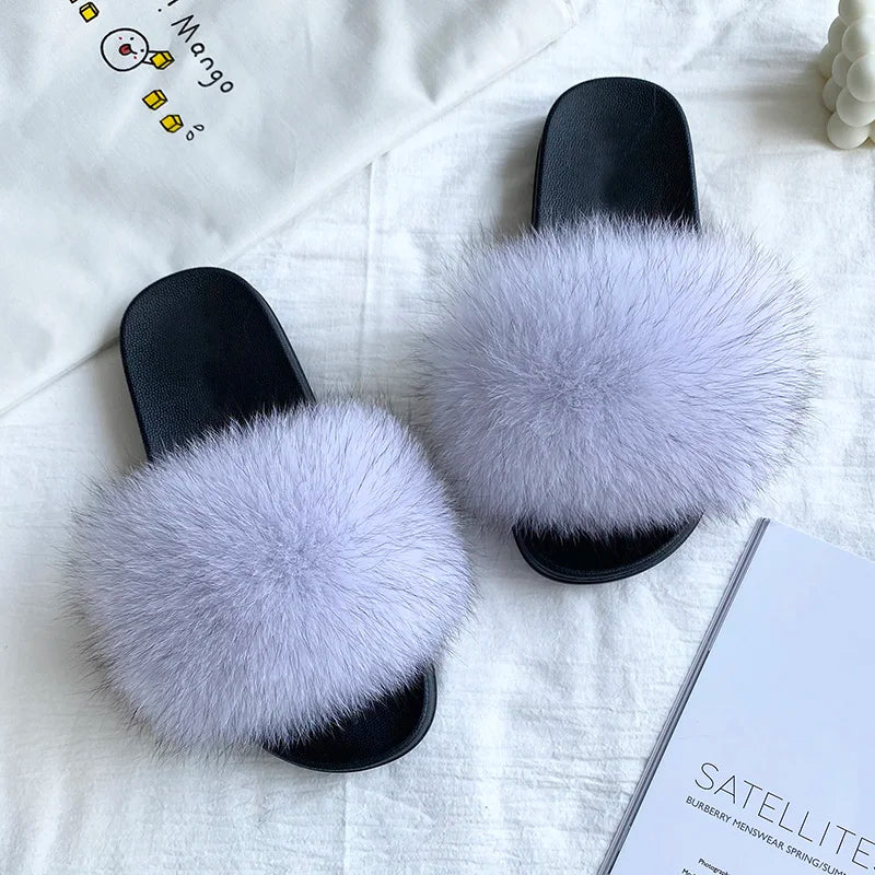Women's Fox Fur Luxury Slides – Summer Furry Slippers