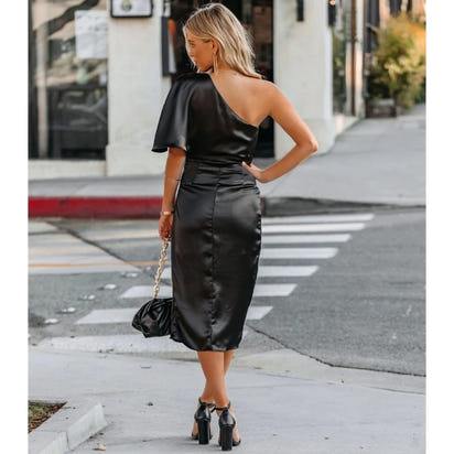 Satin One-Shoulder Ruched Bodycon Midi Dress