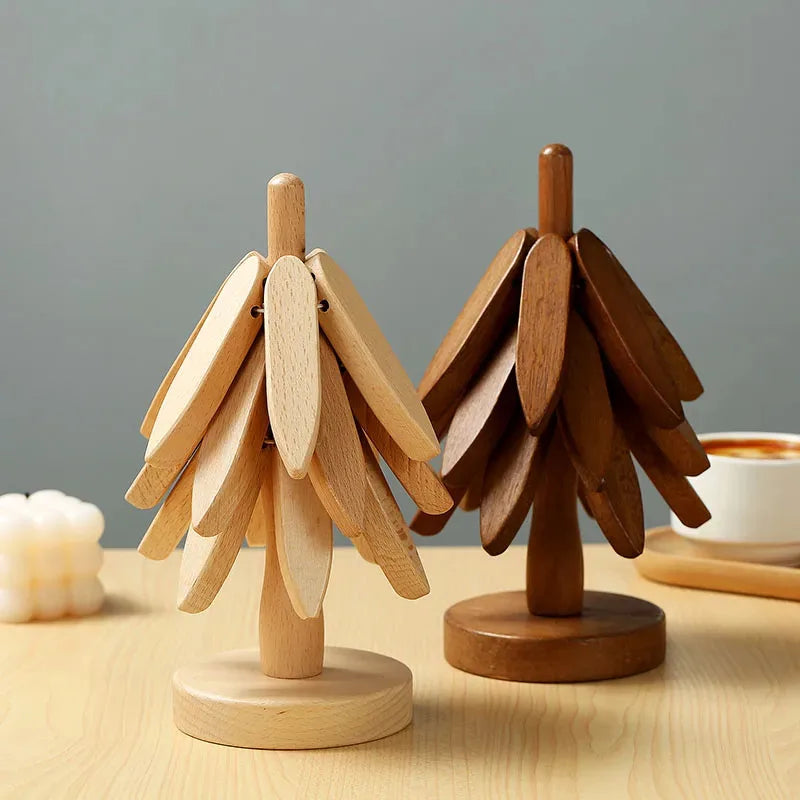 (3-Trivets in 1-Tree) Wooden Christmas Tree Trivet Stand