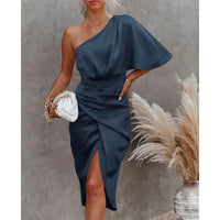 Satin One-Shoulder Ruched Bodycon Midi Dress