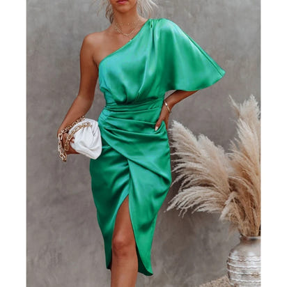 Satin One-Shoulder Ruched Bodycon Midi Dress