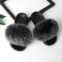 Women's Fox Fur Luxury Slides – Summer Furry Slippers