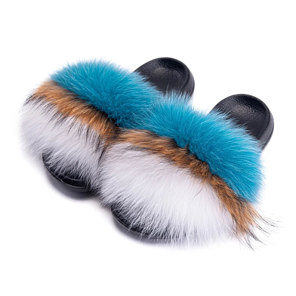 Women's Fox Fur Luxury Slides – Summer Furry Slippers